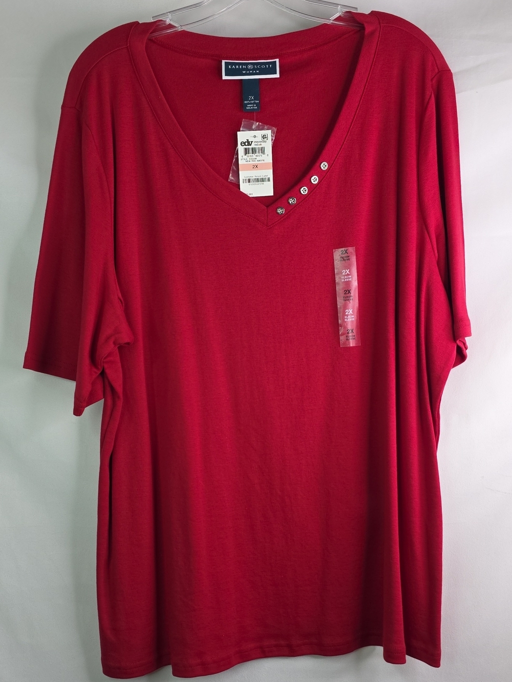 Karen Scott Red V-Neck Top with Stud Trim - Picture 1 of 7